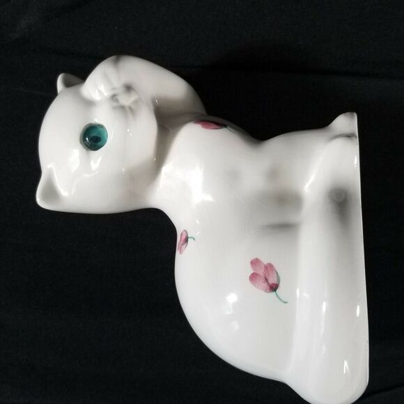 ELPA Alcobaca Porcelain White Cat Painted Flowers Blue Eye Portugal Paw on Eye - Picture 11 of 11